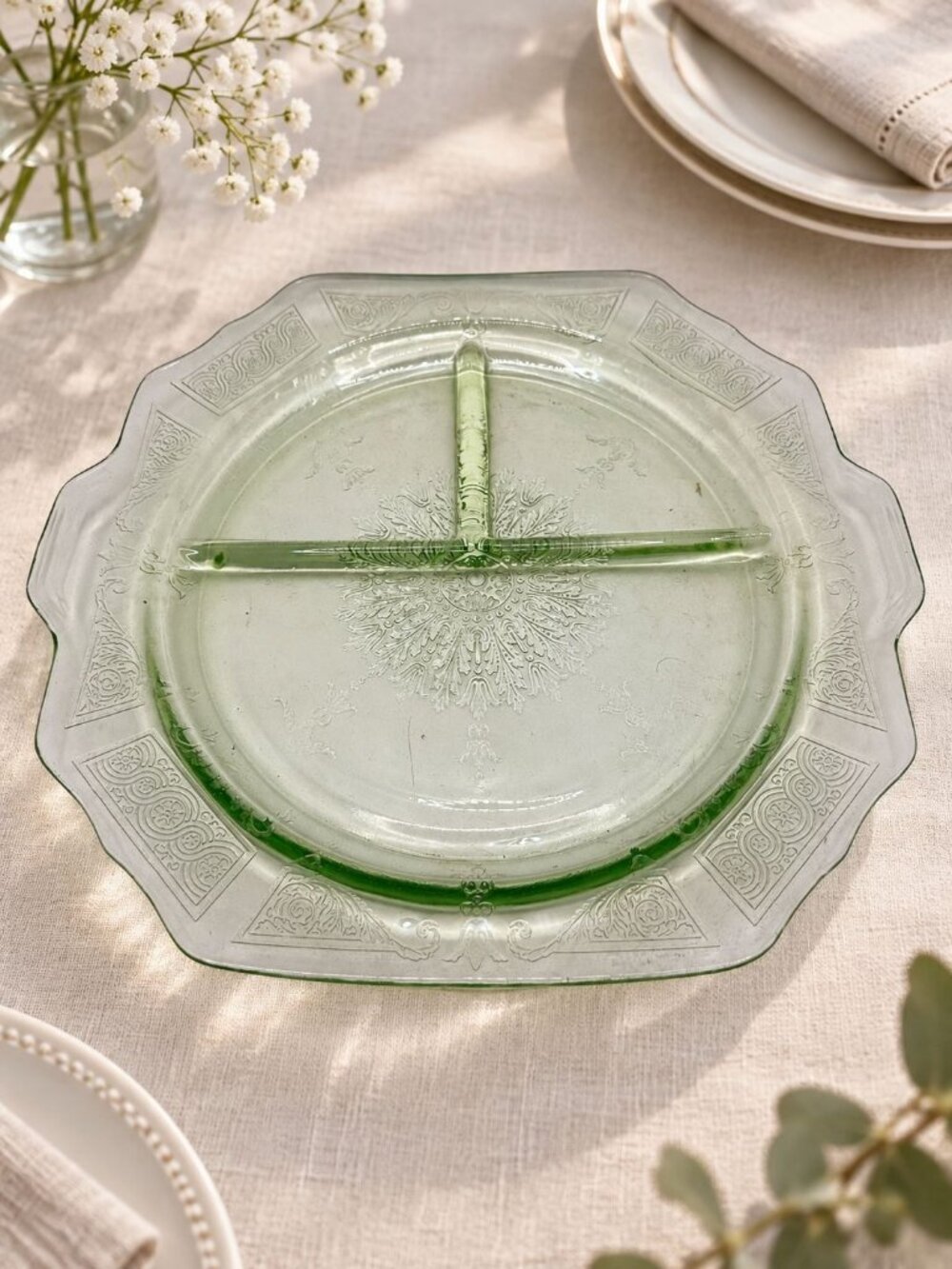 Vintage Green Uranium Glass Divided Plate Etched Floral Design & Scalloped Edge
